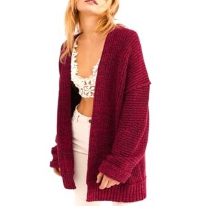 Free People High Hopes Cardigan Red Marled Rib Open Front Slouchy Sweater Small